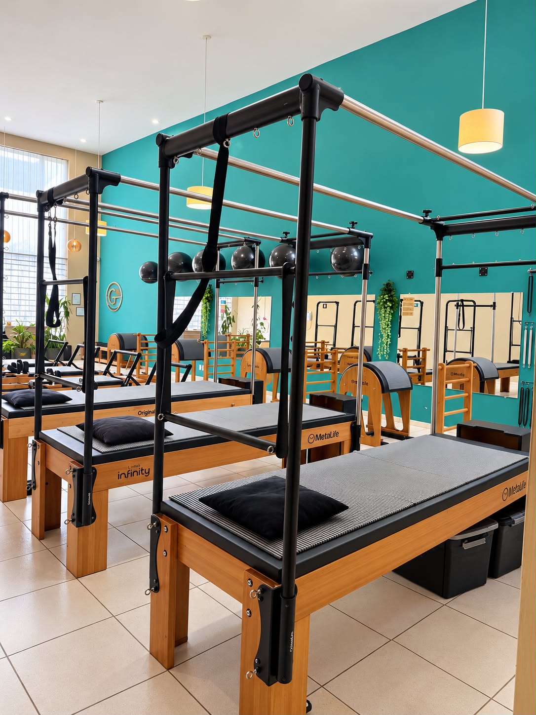 Aparelhos de Pilates tipo Cadillac no estúdio GA Pilates, com parede turquesa e logo da marca